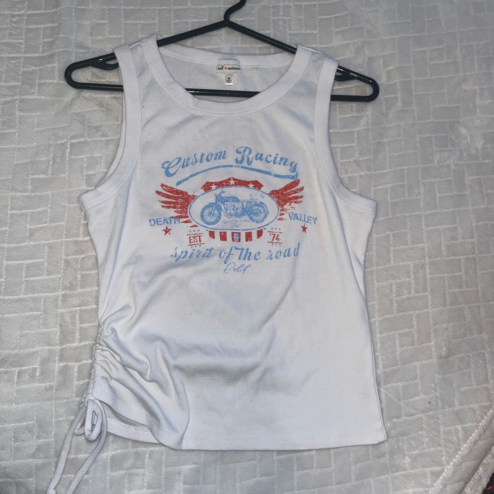 Self Esteem White Muscle Tee with Blue and Red Print